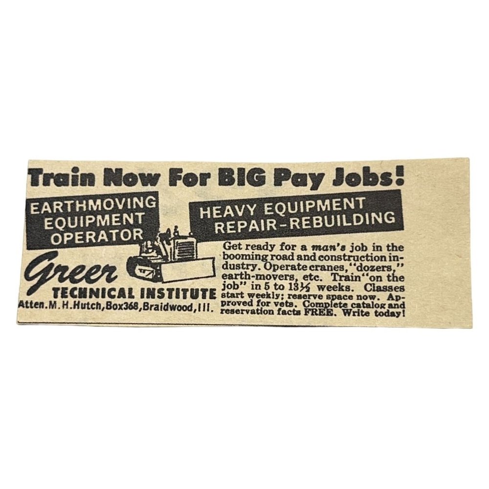 Greer Techincal Institute Mini Print Ad Vintage 1963 Heavy Equipment Repair